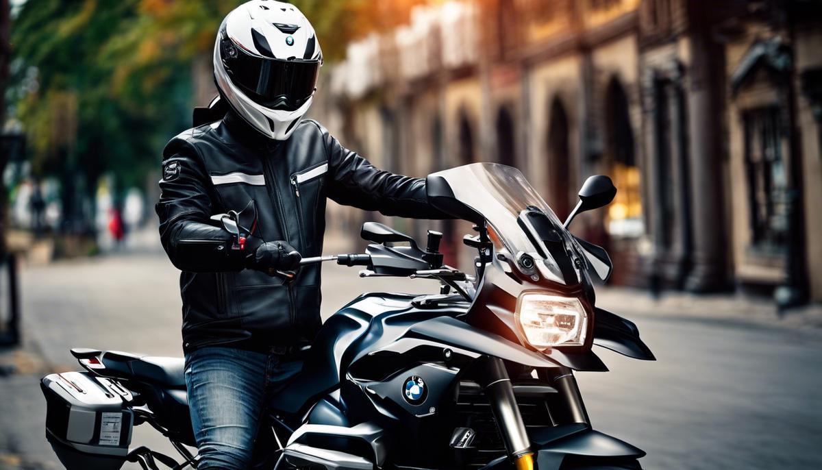Image of a rider using a diagnostic tool on a BMW motorcycle.