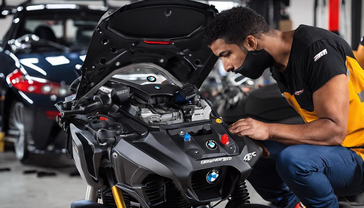 A professional mechanic using a portable diagnostic tool to troubleshoot a BMW motorcycle.
