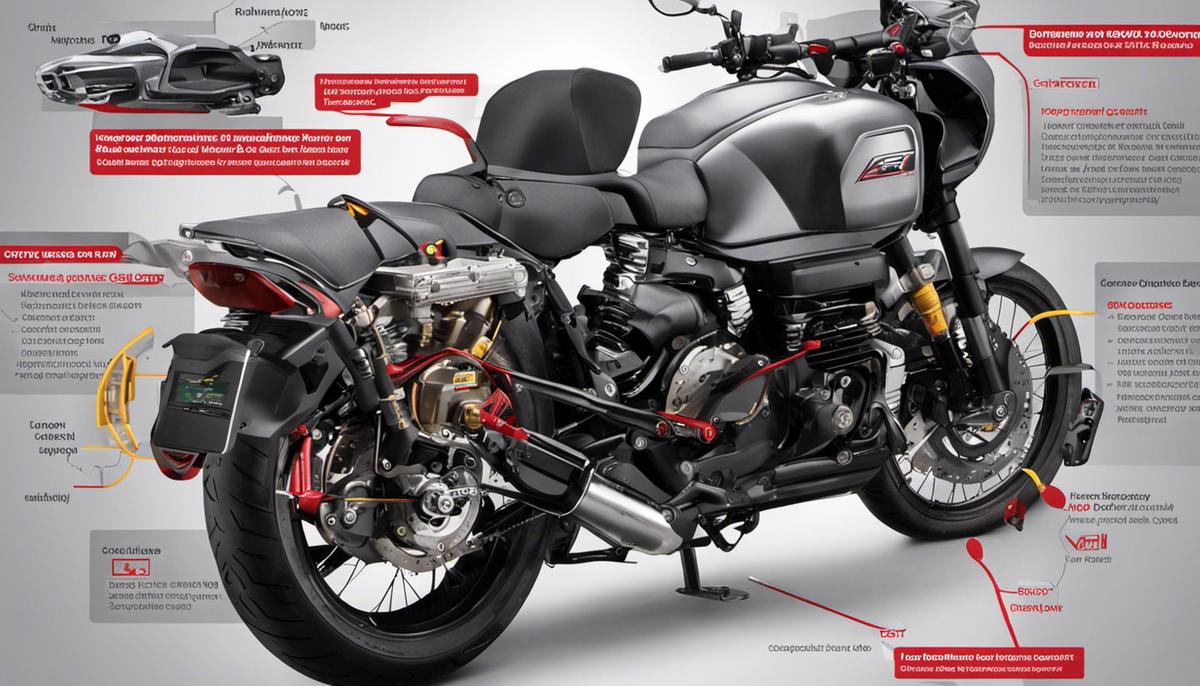 Illustration showing a motorcycle diagnostic tool connected to a motorcycle's Engine Control Unit (ECU) with various components highlighted for visual reference.