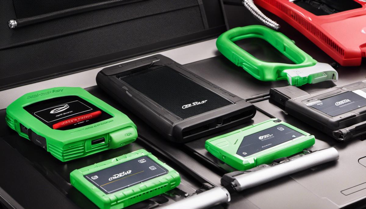 A group of Obdstar Key Programmer devices with a laptop, showcasing the efficiency and user-friendliness of the brand.